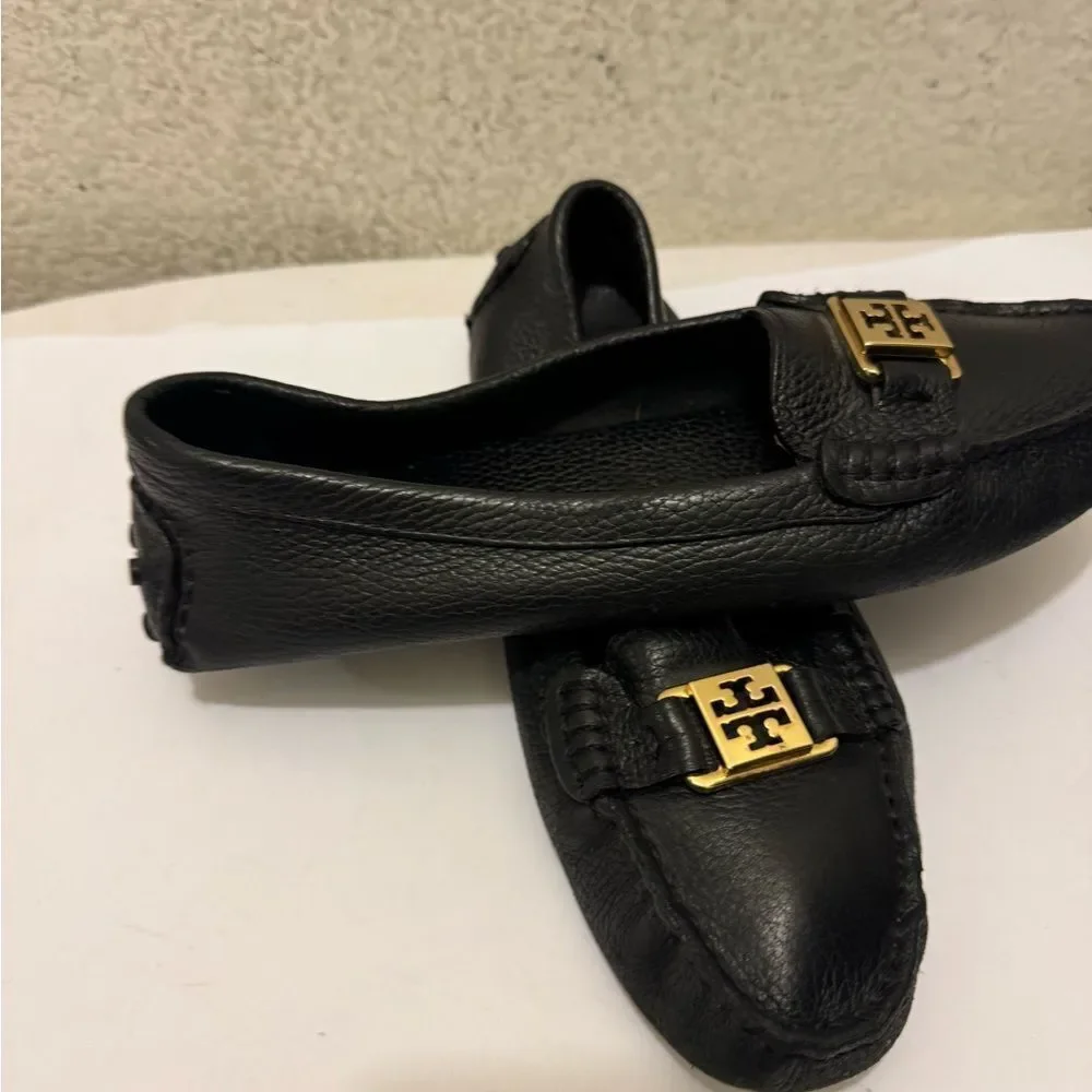 Tory Burch Black Leather Loafers with Gold Accent